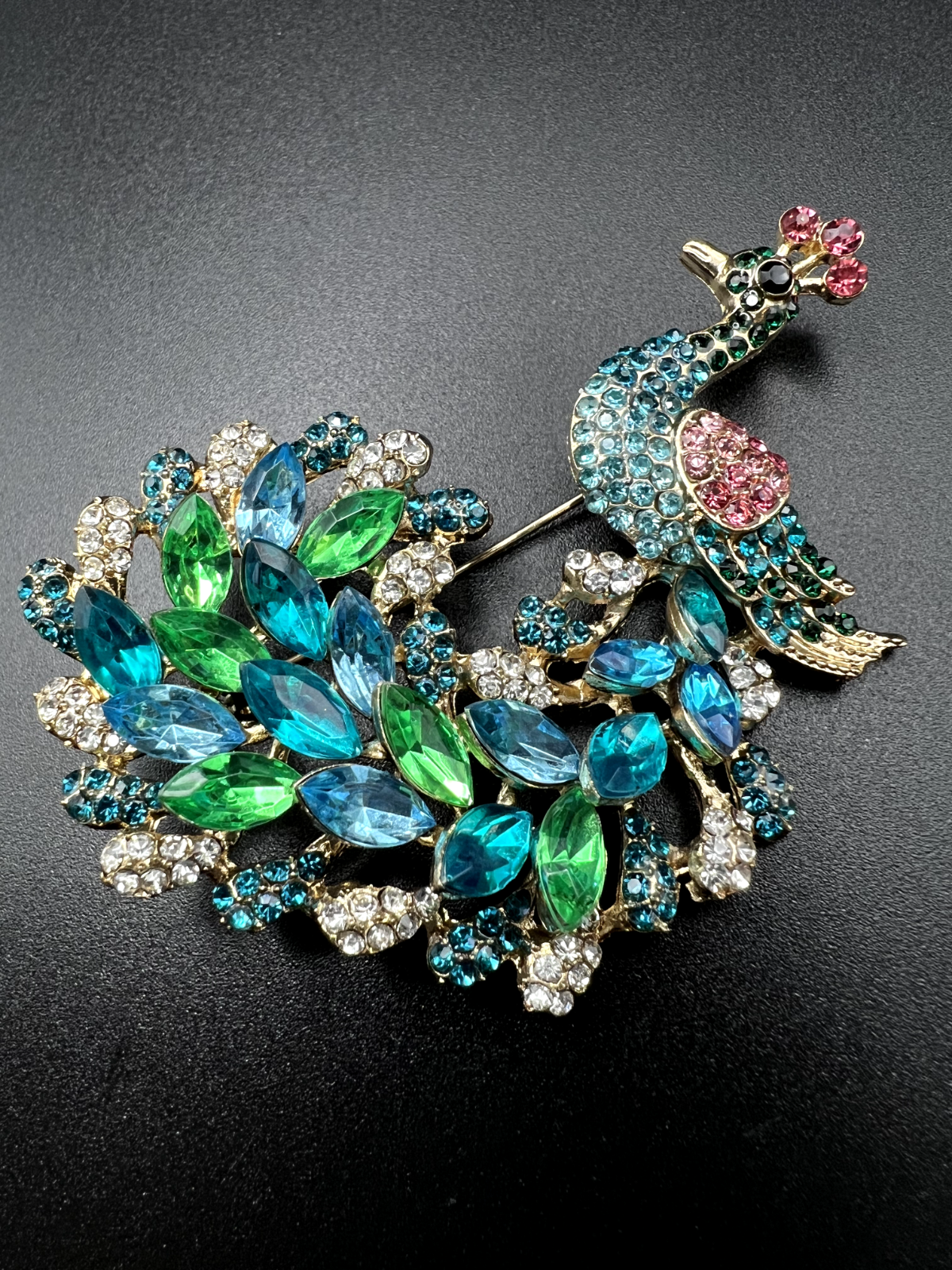 Vintage Gold-Toned with Pink, Blue, Green and Clear Crystals Peacock Brooch Pin