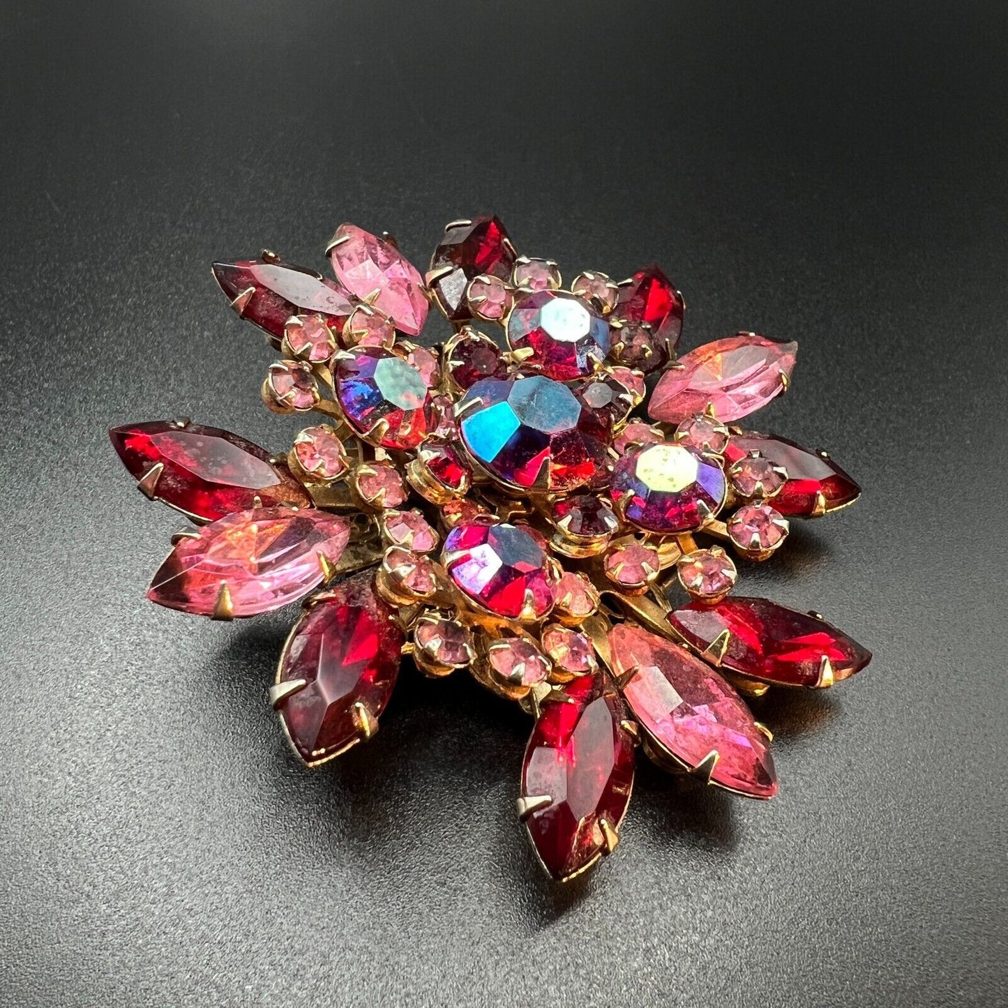 Vintage Beautiful Juliana Pink & Ruby Rhinestones 3D Brooch Pin