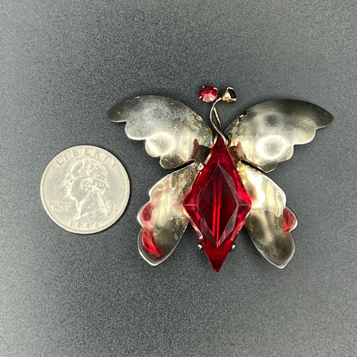 Vintage Signed Sterling Silver with Red Rhinestones Butterfly Brooch Pin