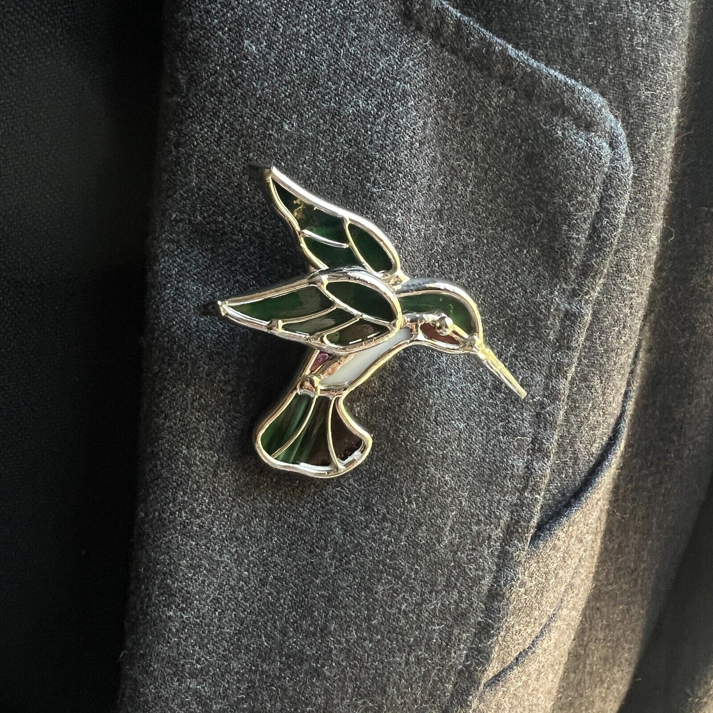 Vintage Novelty RARE Silver, Green & White Stained Glass Hummingbird Brooch Pin