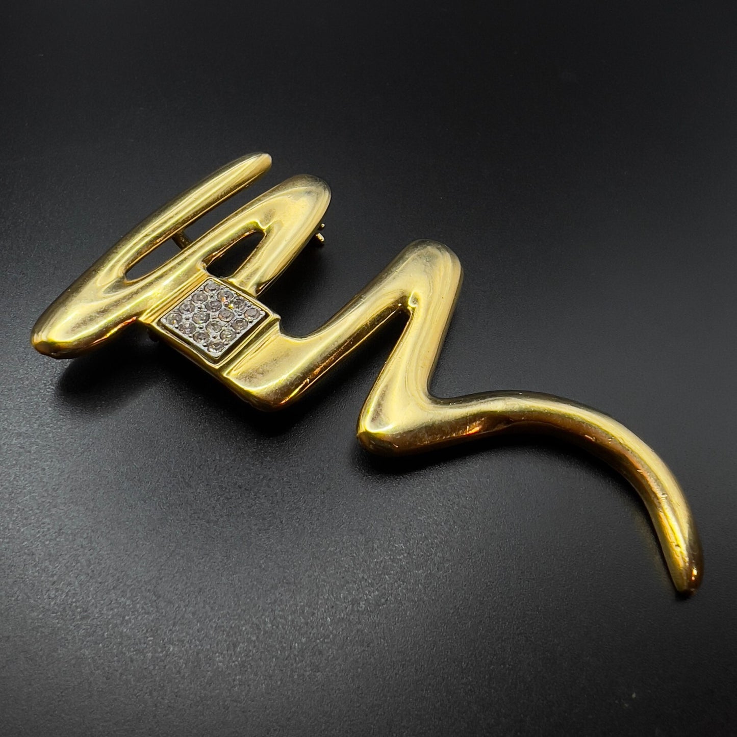 Vintage Gold-Toned Zig Zag Squiggle Signed ParkLane Rhinestones Brooch Pin