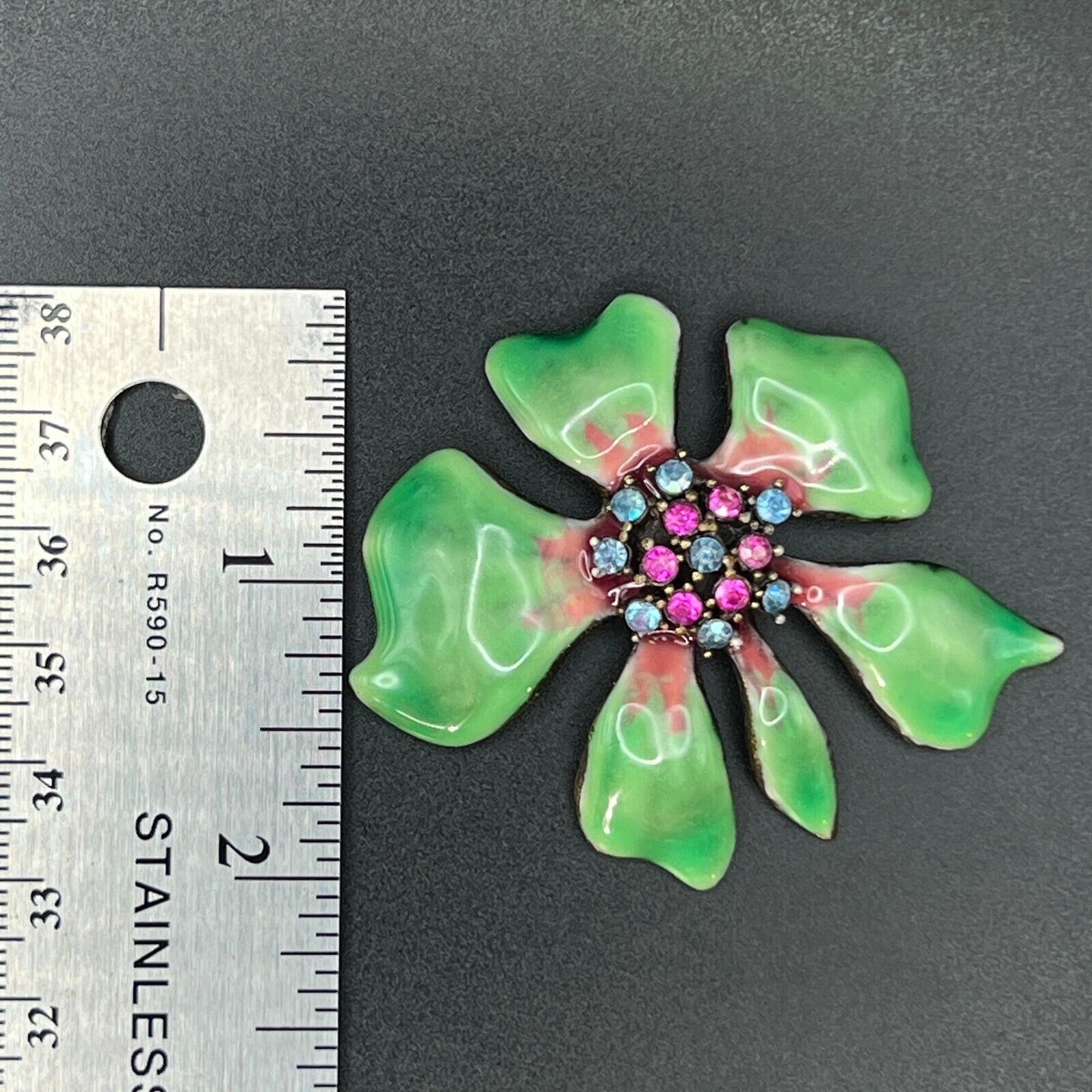 Vintage Beautiful Green & Pink Enameled Flower Brooch Pin