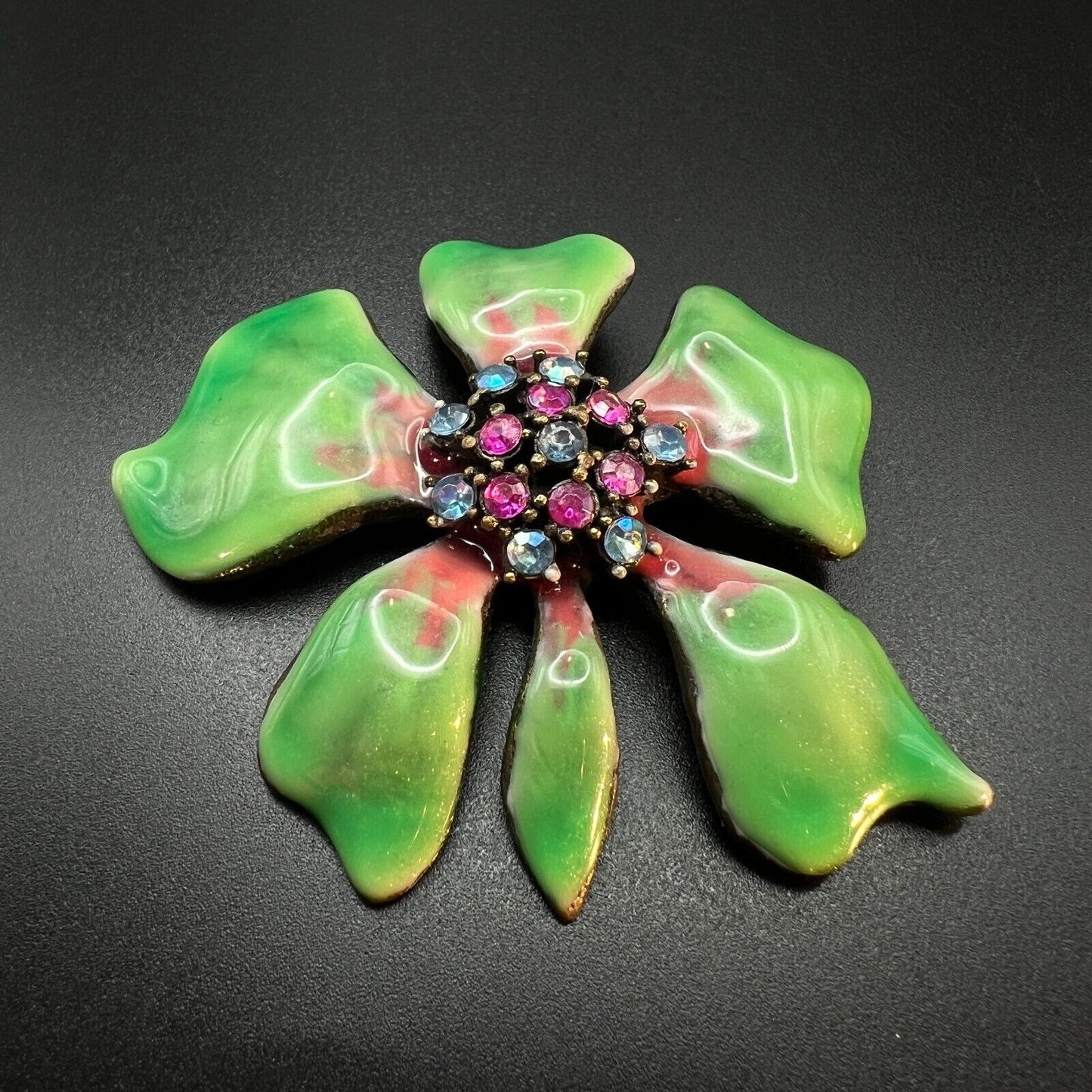 Vintage Beautiful Green & Pink Enameled Flower Brooch Pin