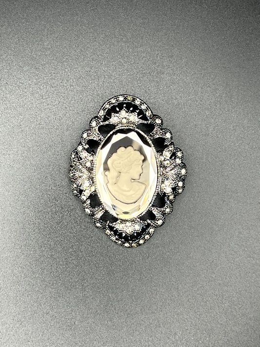 Vintage Dark Silver-Tone with Clear Rhinestones and Glass Enclosed Cameo Brooch