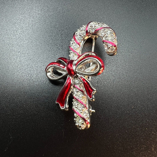 Vintage Novelty Swarovski Signed Candy Cane w Red Ribbon & Bow Brooch Pin