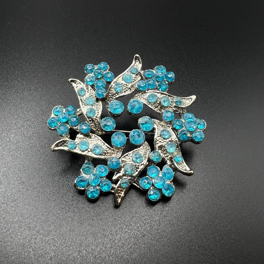 Vintage Lovely Silver-Toned and Blue Rhinestones Floral Wreath Brooch Pin