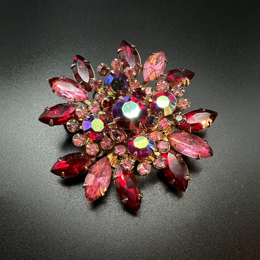 Vintage Beautiful Juliana Pink & Ruby Rhinestones 3D Brooch Pin