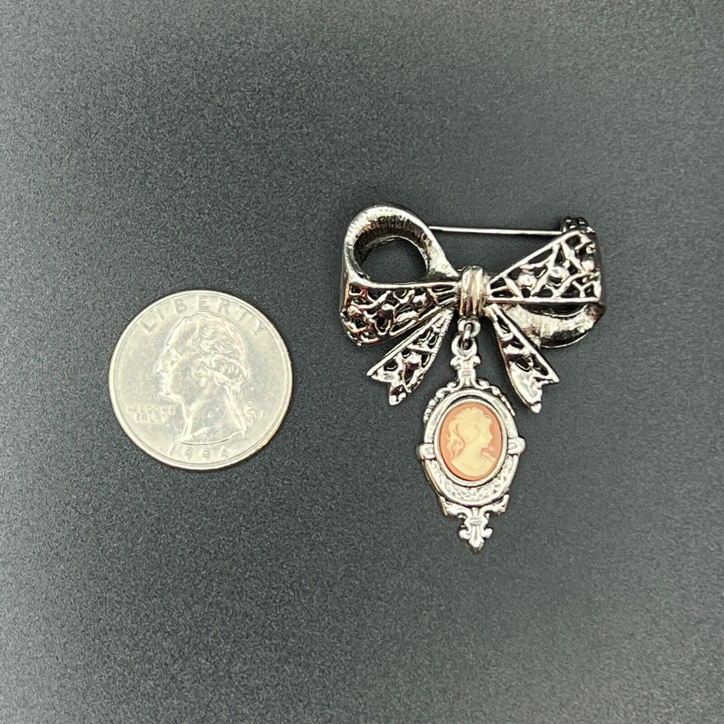 Vintage Beautiful Silver-Toned Bow and Cameo Brooch Pin