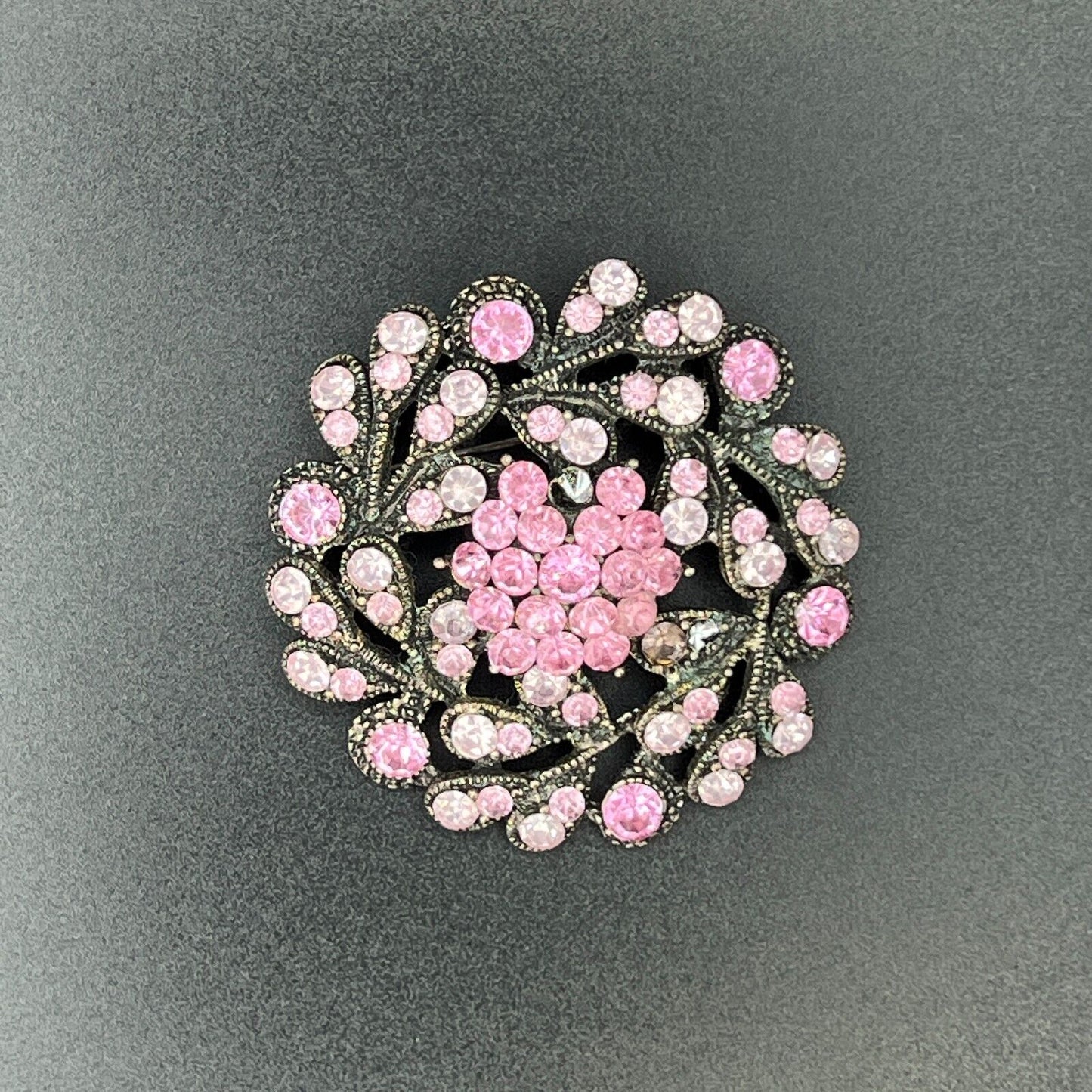 Vintage Delightful Grey-Toned, Pink & Light Pink Rhinestones Flower Brooch Pin