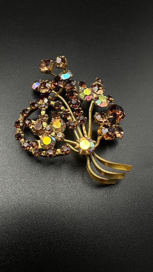 Vintage Signed Austria Gold-Toned with Citrine, Gold & Topaz Crystals Brooch Pin