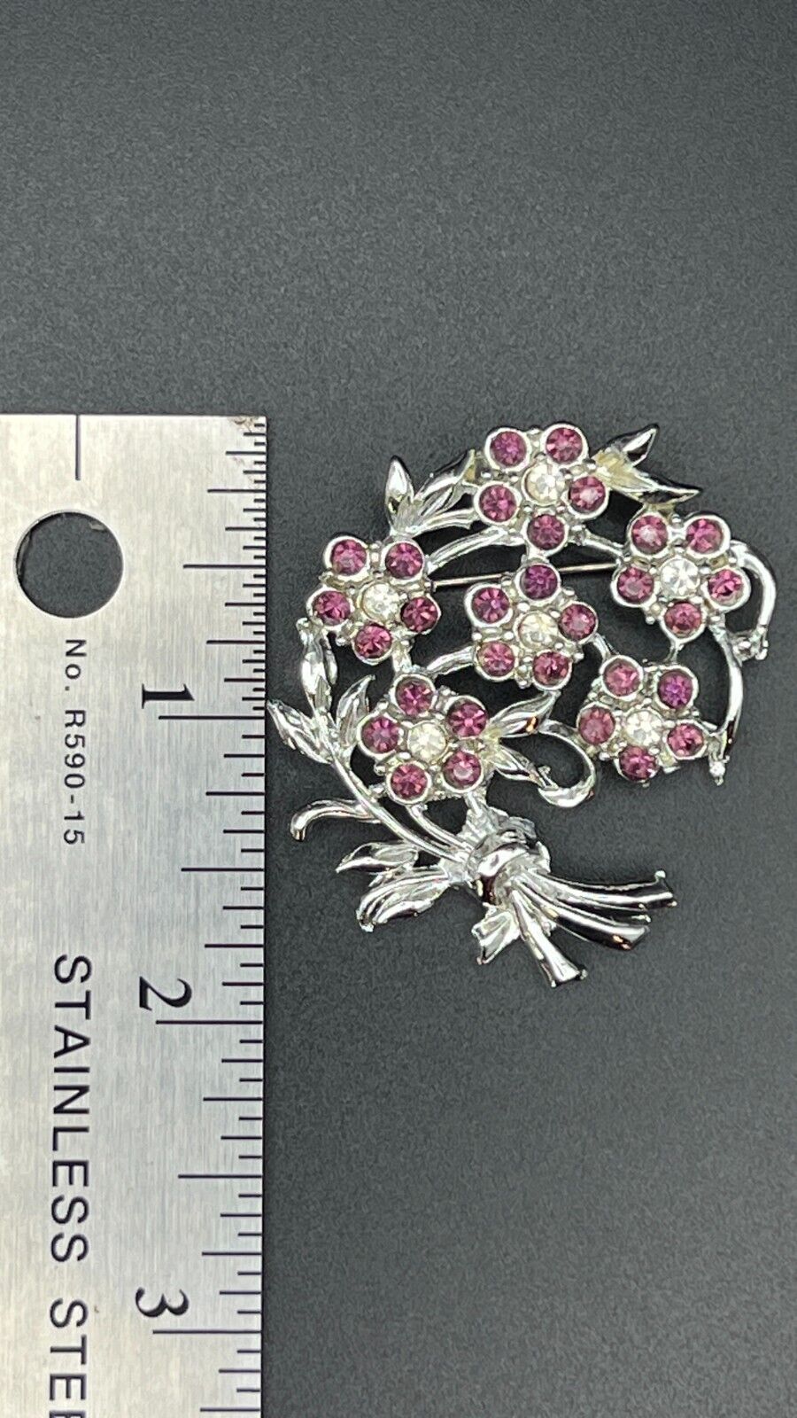 Vintage Silver-Toned Bouquet of Flowers w Deep Amethyst Rhinestones Brooch Pin