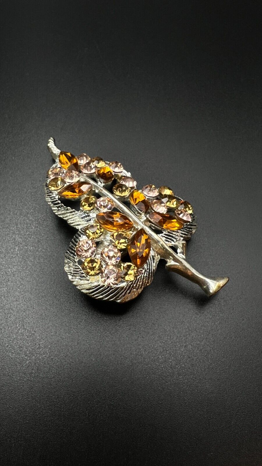 Vintage Silver-Tone Leaf Brooch/ Pendant with Topaz, Pink & Gold Rhinestones Pin