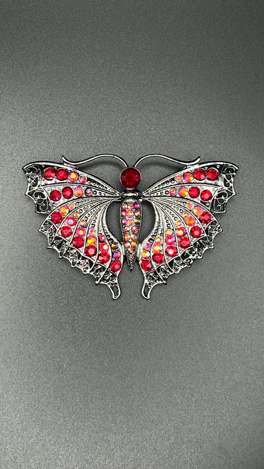 Vintage Art Deco Butterfly- Ruby Red & AB Rhinestones Gunmetal Finish Brooch Pin