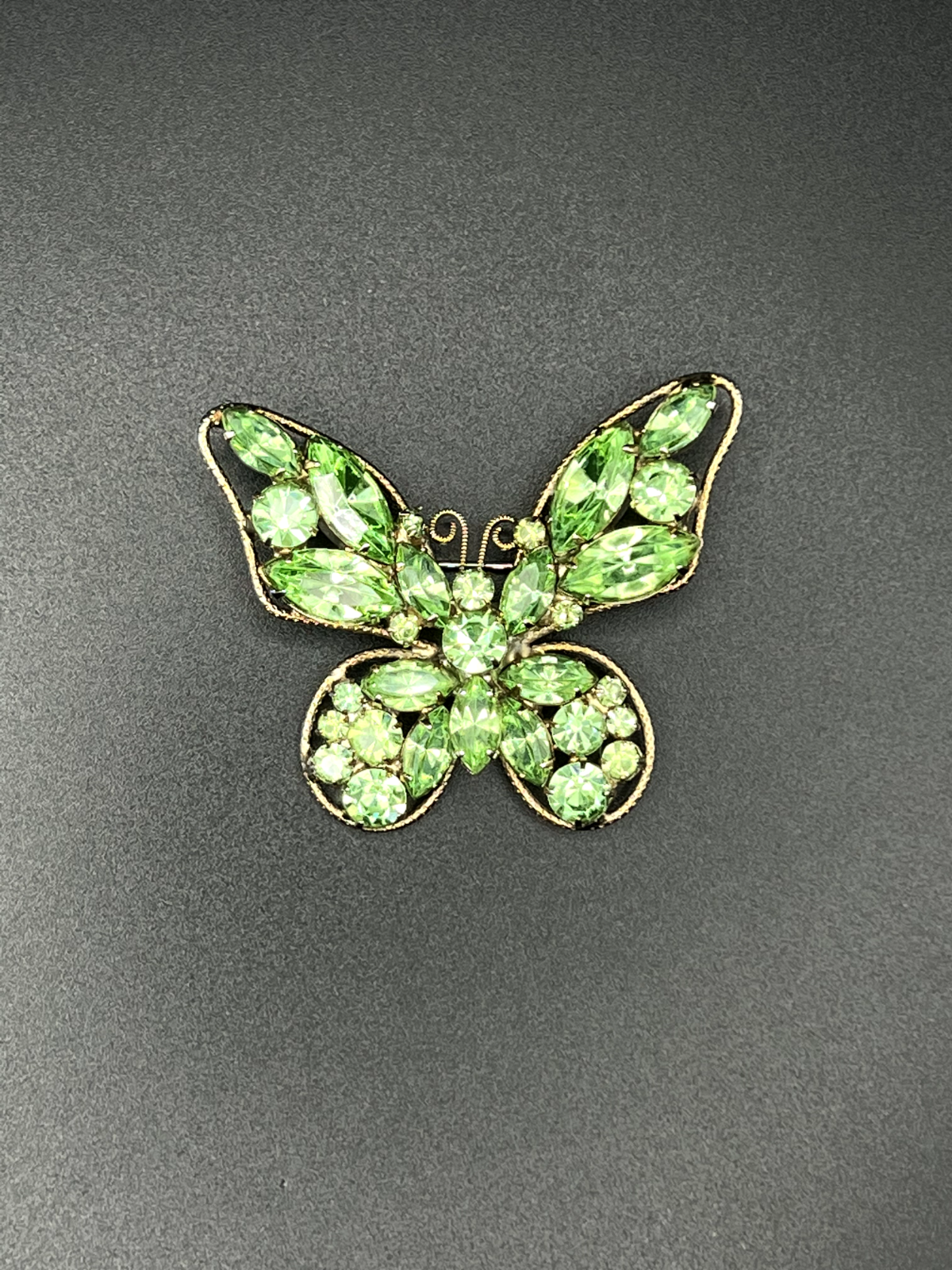 Vintage Gold-Toned Light Green Rhinestone BUTTERFLY Brooch Pin