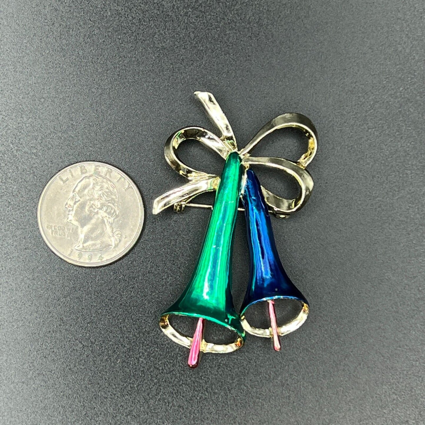 Vintage Novelty Gold-Toned Blue And Green Enameled Holiday Bells Brooch Pin