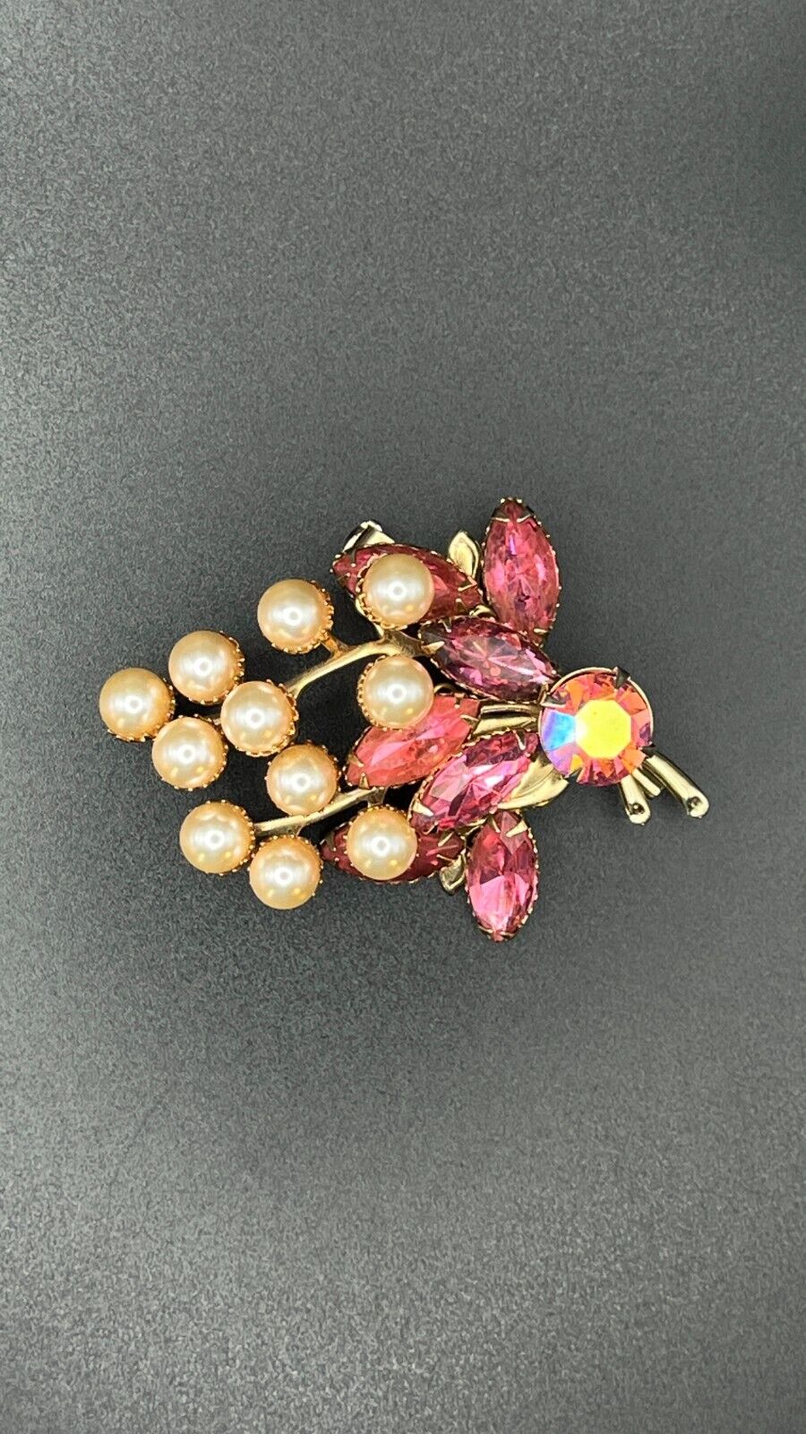 Vintage Large Gold-Toned Flower with Pink Rhinestones and Faux Pearls Brooch Pin