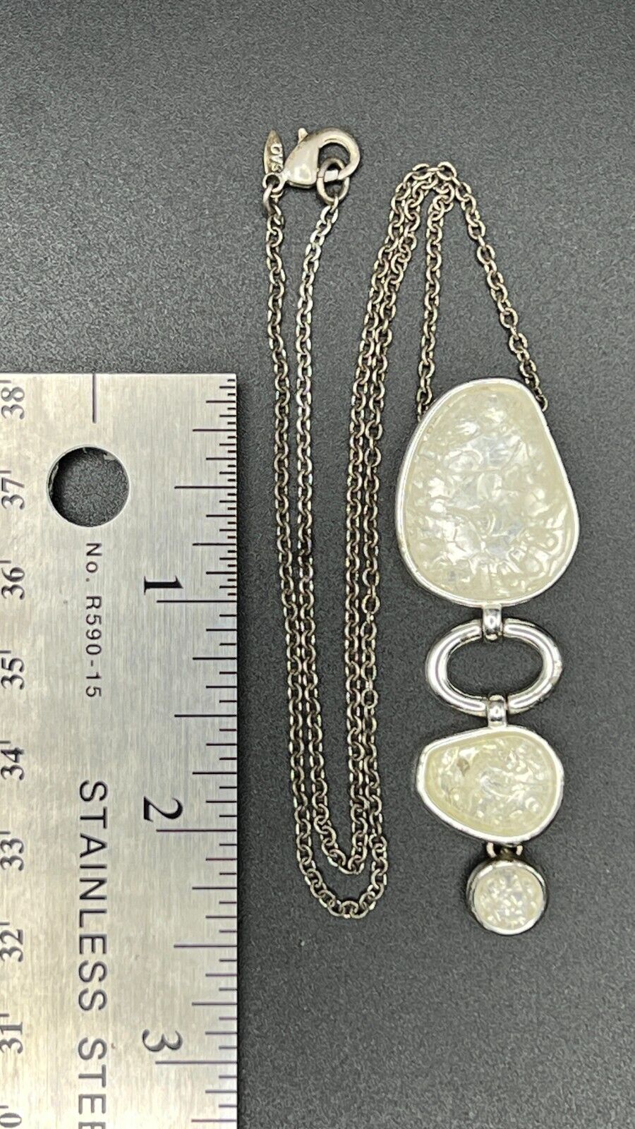 Vintage Signed SAQ Druzy Necklace Silver-Toned White Crushed Glass-Like Pendant