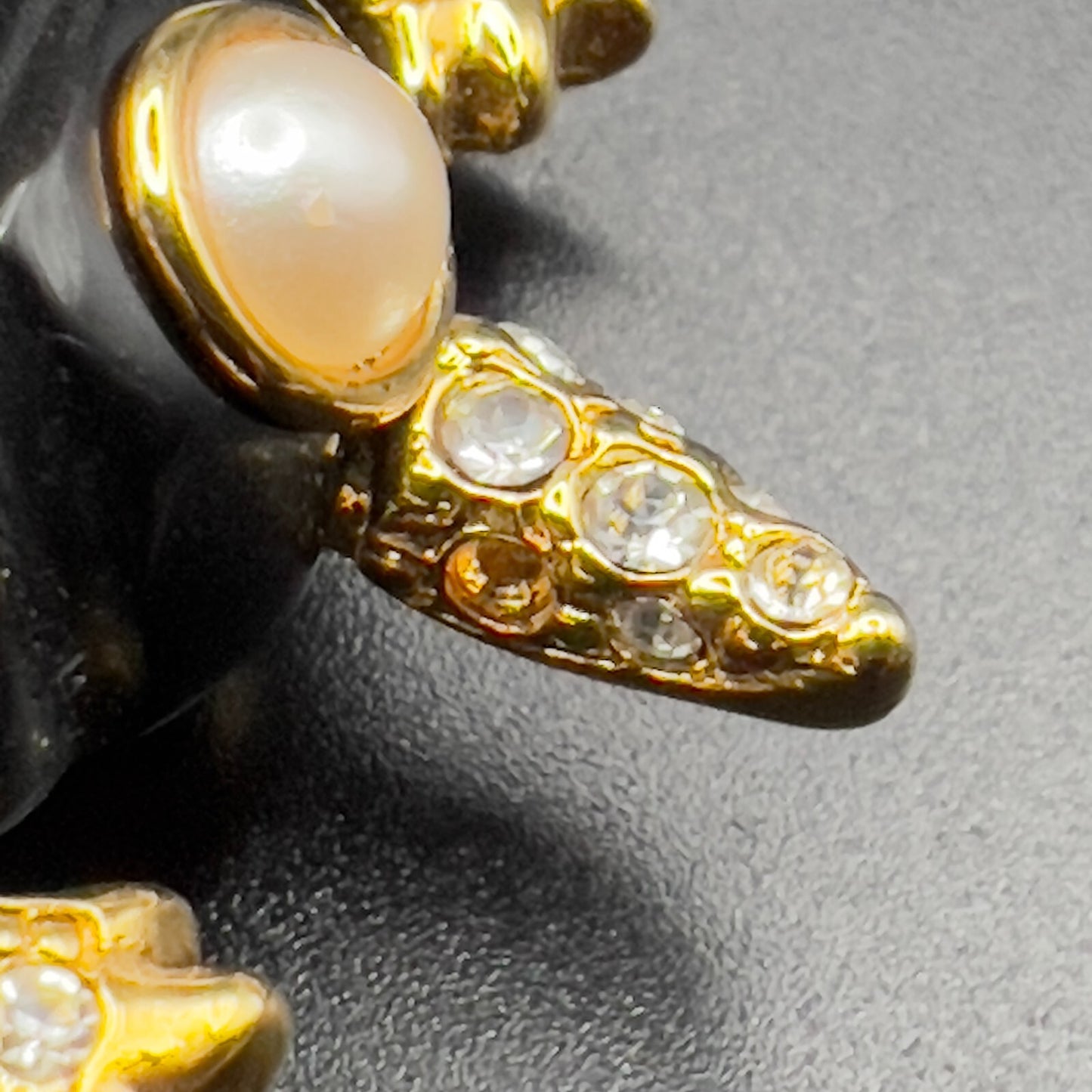 Vintage Signed KJL Tortoise Gold-Tone Faux Pearl & Crystals on Black Brooch Pin