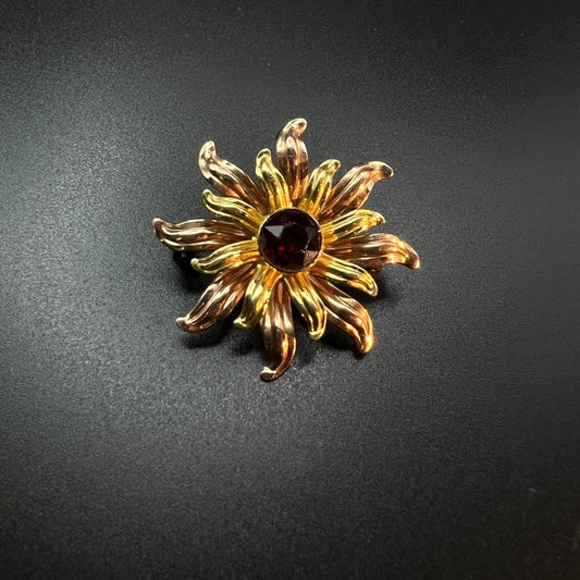 Vintage Signed Van Dell 1/20 12K Gold-Filled Flower with Red Crystal Brooch Pin