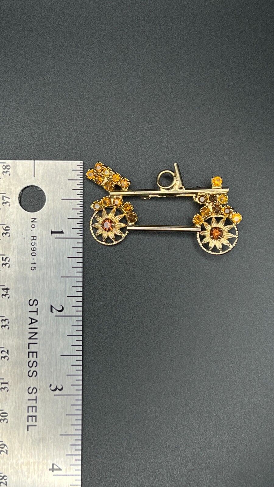 Vintage Gold-Tone with Amber, Yellow, Brown Rhinestones Auto/Car Brooch Pin