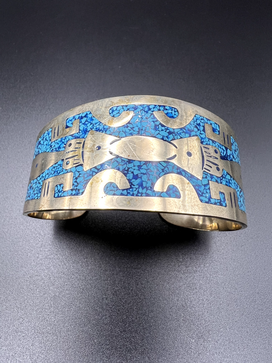 AZTEC Designed Bracelet Signed Sterling Silver Geometric Shapes Blue and Gold