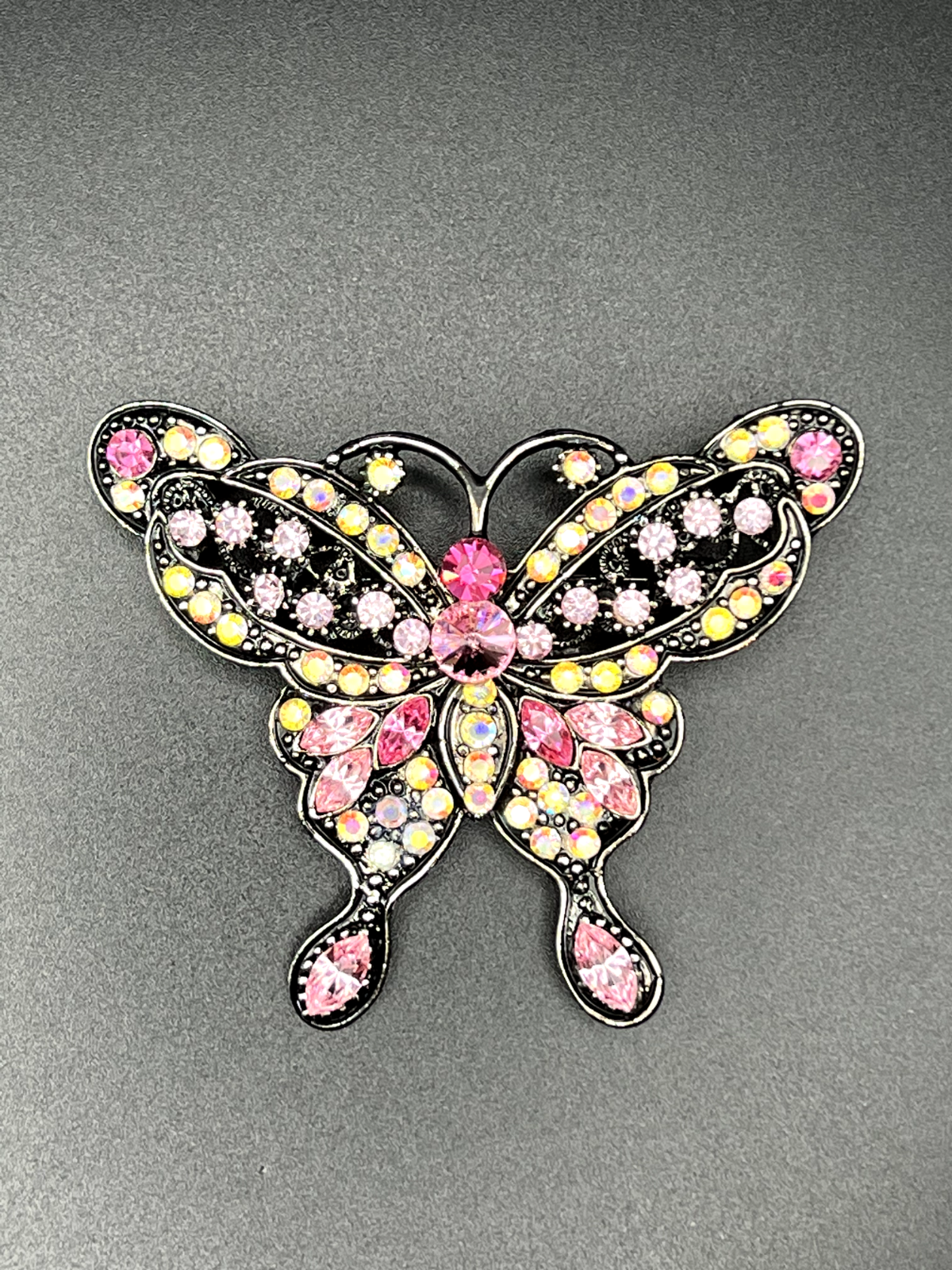 Vintage Butterfly Silver-Toned with Pink, Rose & Clear AB Rhinestones Brooch Pin