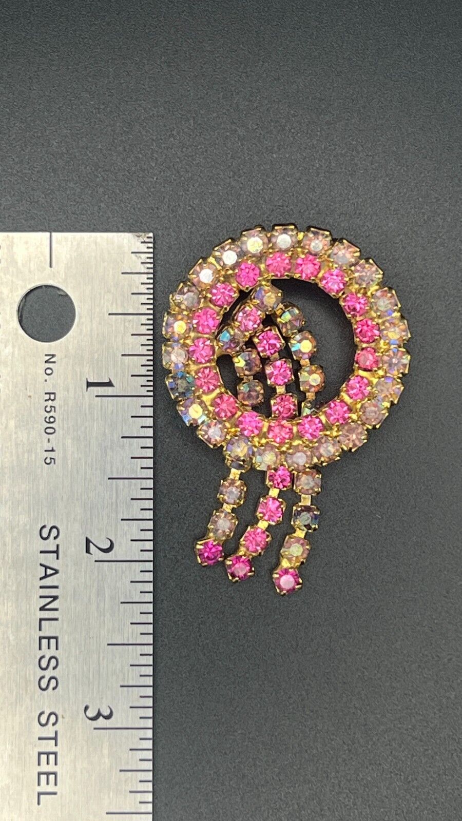 Vintage Circular Brooch w 3 Dangling Pieces AB Grey/Blue and Pink Crystals Pin