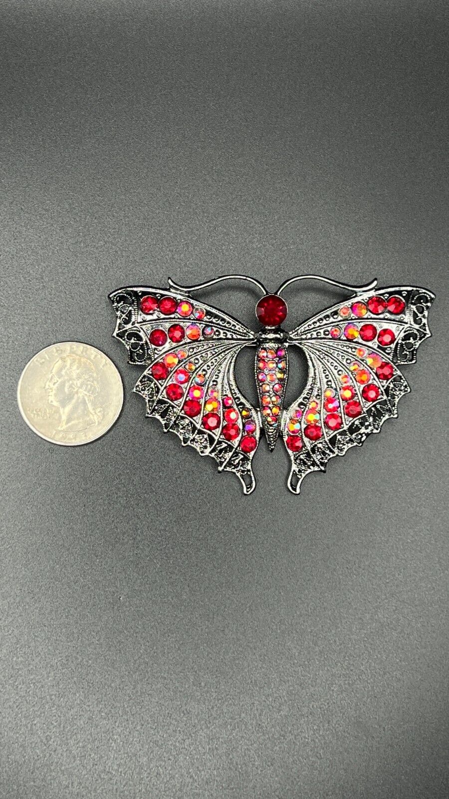 Vintage Art Deco Butterfly- Ruby Red & AB Rhinestones Gunmetal Finish Brooch Pin