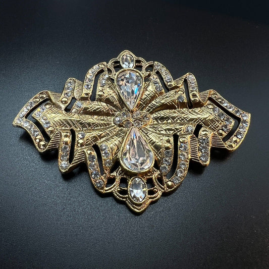 Vintage Large Gold-Toned Scrollwork & Multi-Sized Crystal Rhinestones Brooch Pin