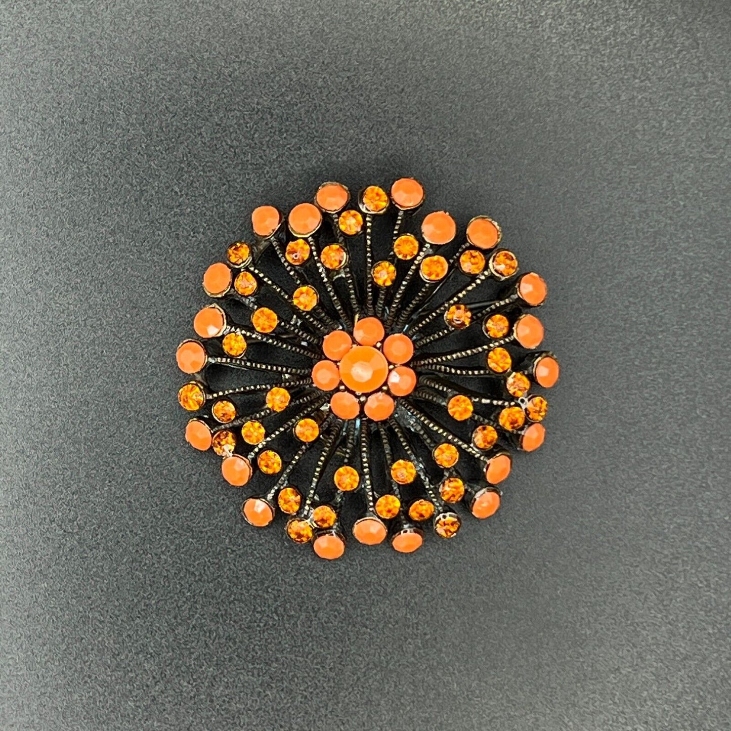 Vintage Orange Stones & Topaz Rhinestones Starburst Gold-Toned Brooch Pin