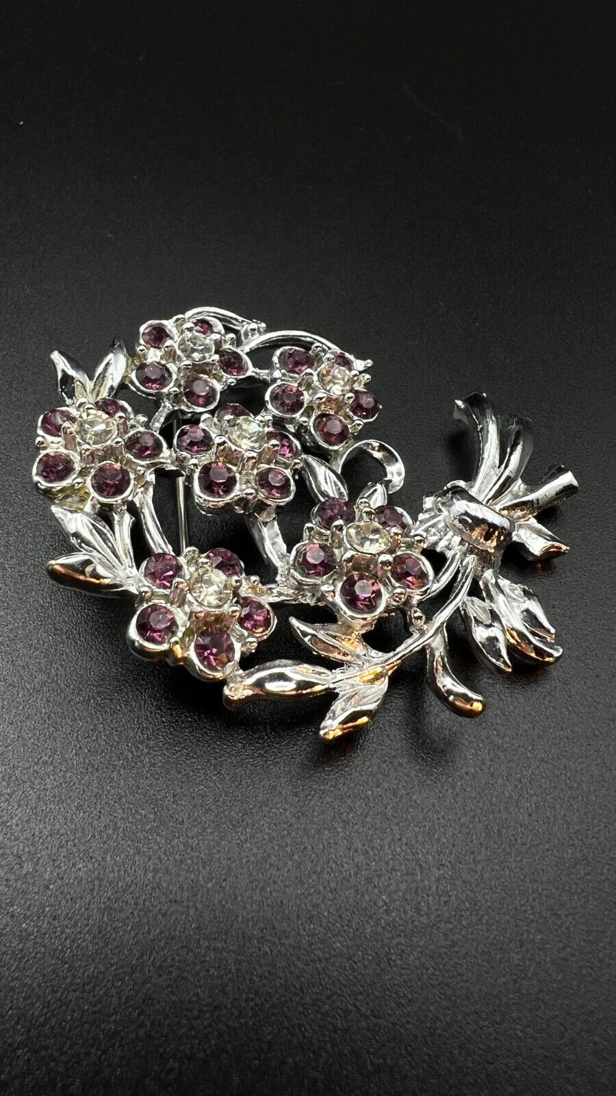 Vintage Silver-Toned Bouquet of Flowers w Deep Amethyst Rhinestones Brooch Pin