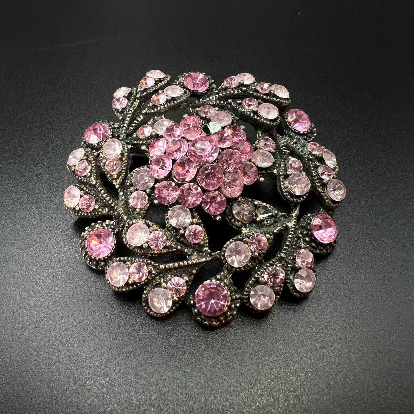 Vintage Delightful Grey-Toned, Pink & Light Pink Rhinestones Flower Brooch Pin