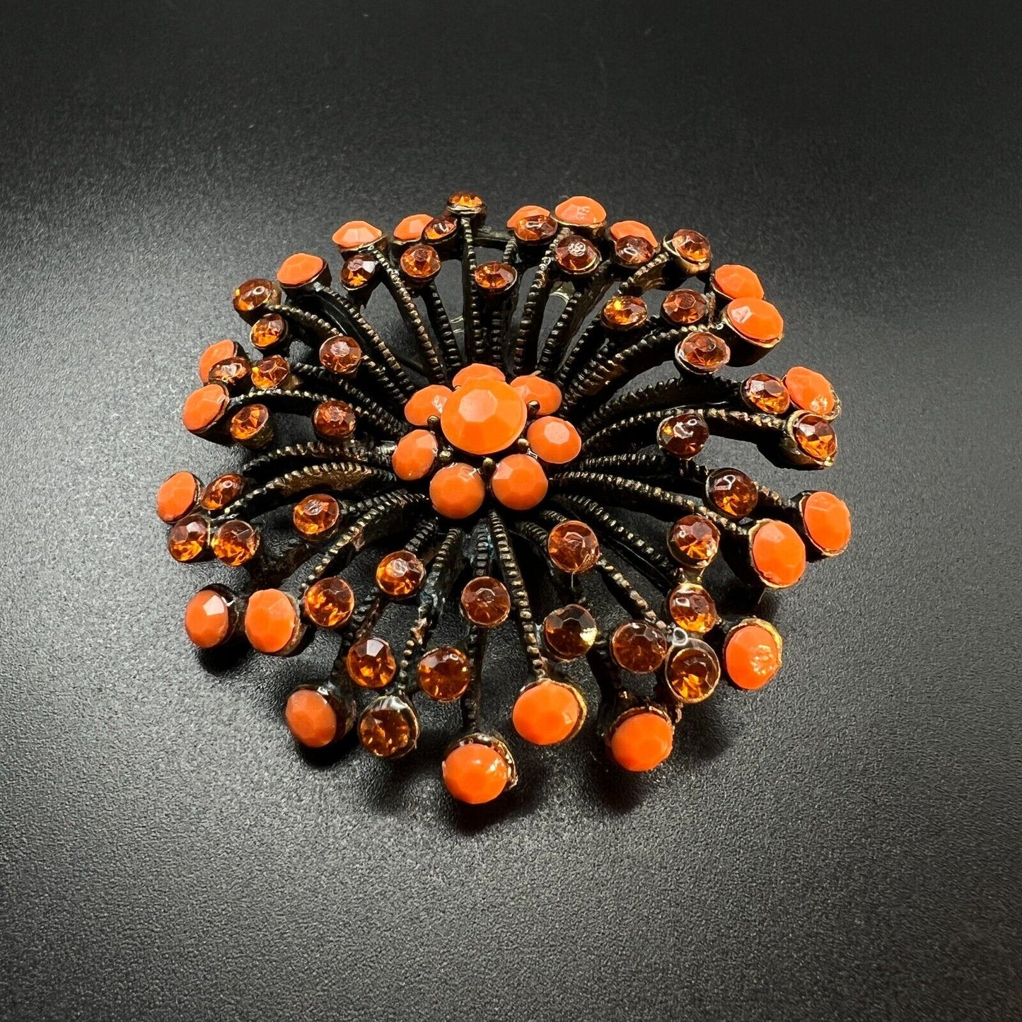 Vintage Orange Stones & Topaz Rhinestones Starburst Gold-Toned Brooch Pin