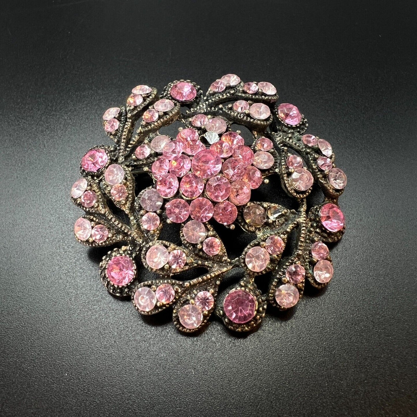 Vintage Delightful Grey-Toned, Pink & Light Pink Rhinestones Flower Brooch Pin