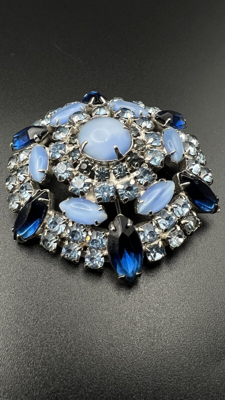 Vintage Flower Silver-Toned with Midnight, Pale, & Ice Blue Crystals Brooch Pin