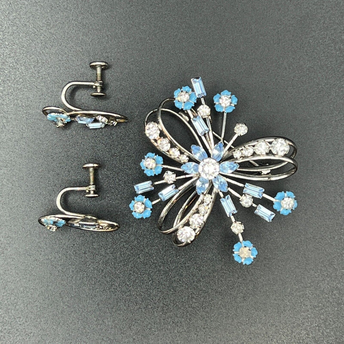 Vintage Signed Carl Art Sterling Silver Bow & Blue Flowers Brooch Earrings Set