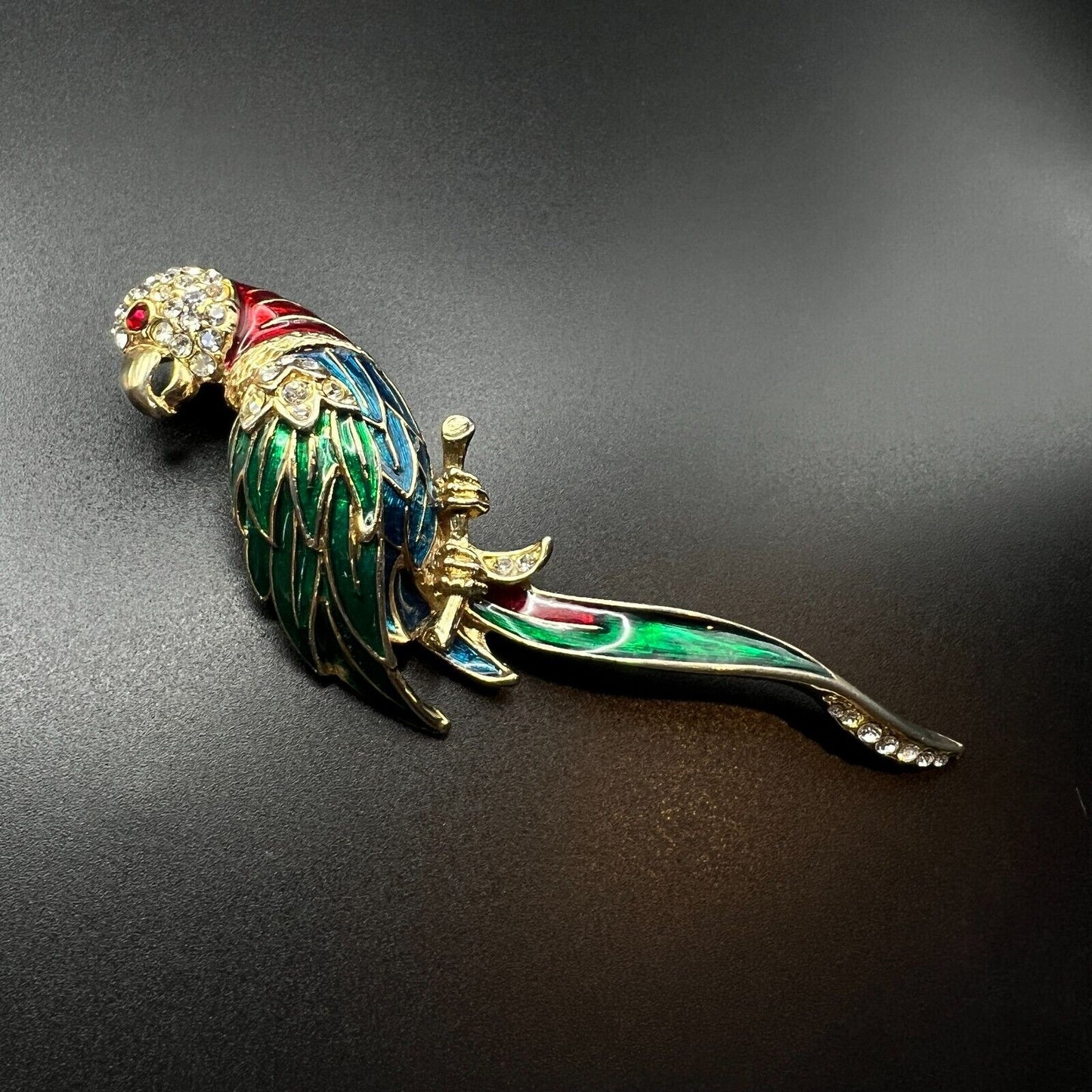 Vintage Novelty Large Parrot Red, Blue, Gold, Green Enamel & Crystals Brooch Pin