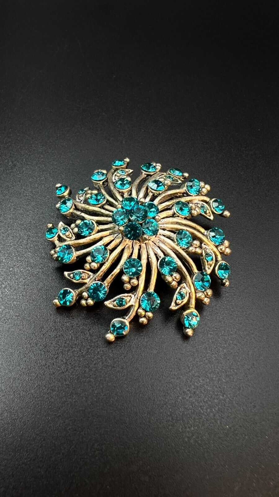 Vintage Gold-Toned Flower with Turquoise Rhinestones Brooch Pin