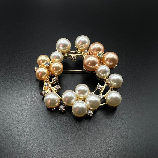 Vintage Faux Pearls in 2 Colors with Crystal Rhinestones Gold-Toned Brooch Pin