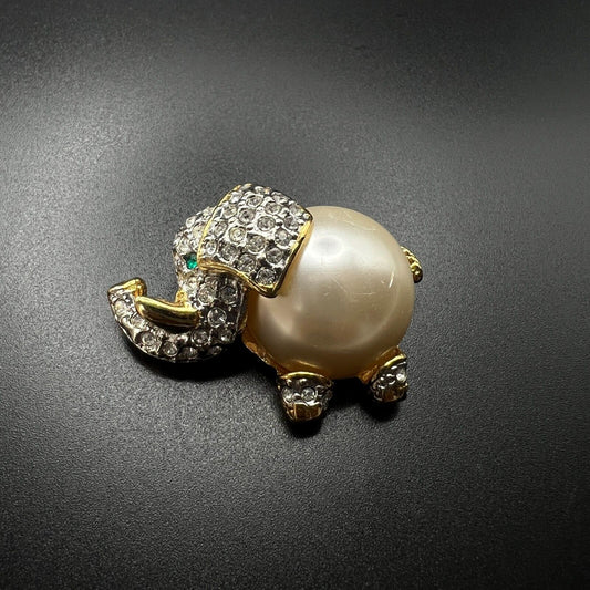 Vintage Novelty Kenneth Lane Elephant Faux Pearl Belly Brooch Pin