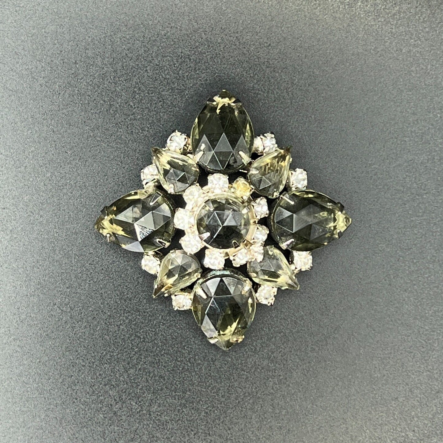 Vintage Elegant Dimensional Pronged Smoky Grey Multi-Shaped Crystals Brooch Pin