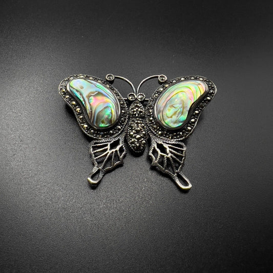 Vintage Sterling Silver 925 Abalone Shell & Marcasite Butterfly Brooch Pin