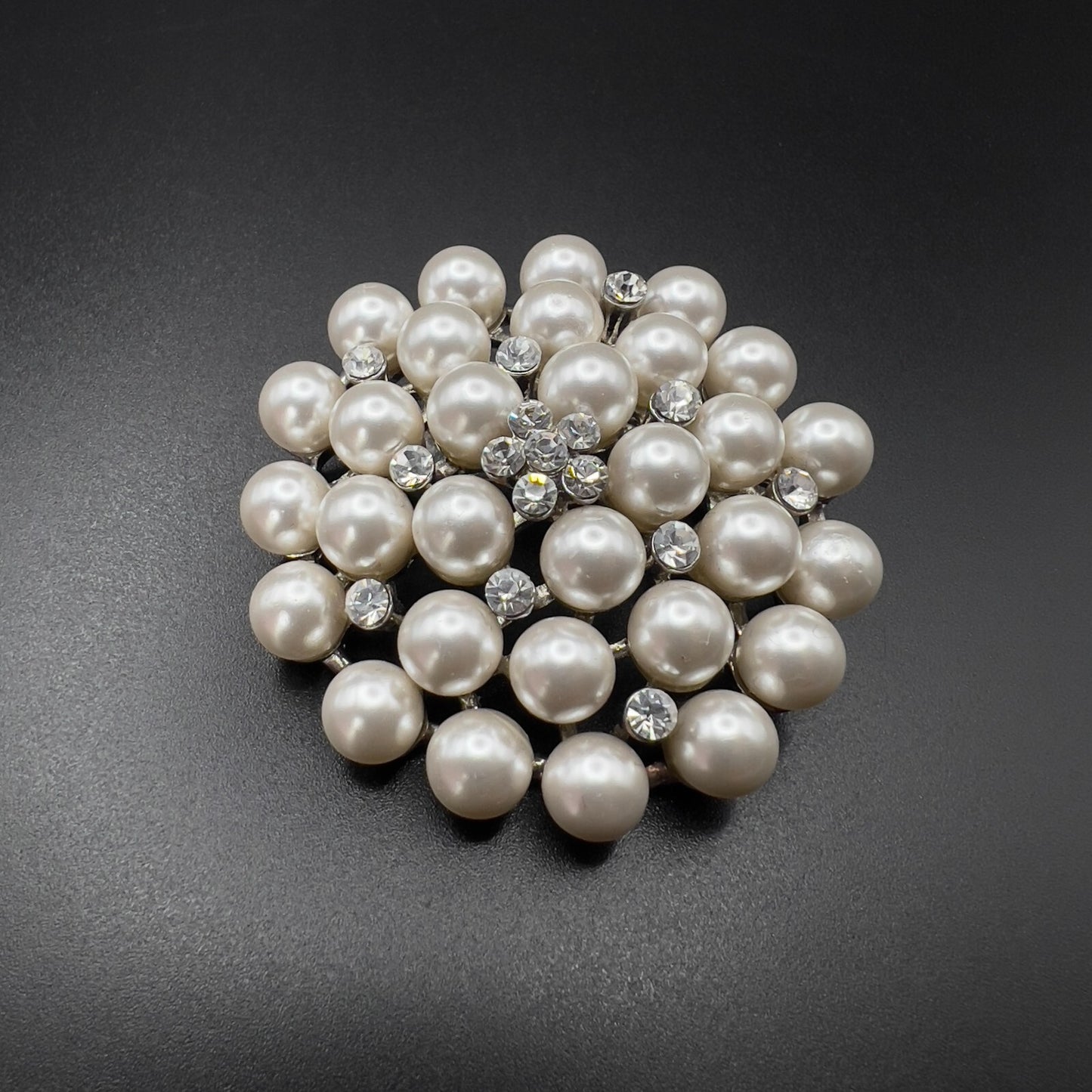 Vintage Circular Silver-Toned Faux Pearls & Clear Rhinestones Cluster Brooch Pin