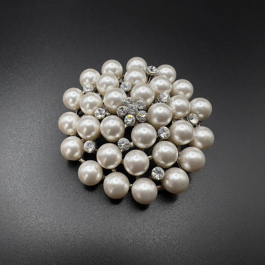 Vintage Circular Silver-Toned Faux Pearls & Clear Rhinestones Cluster Brooch Pin