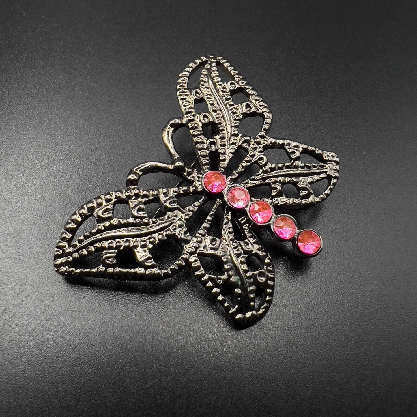 Vintage Lovely Dark Silver-Toned Metal Butterfly w Pink Rhinestones Brooch Pin