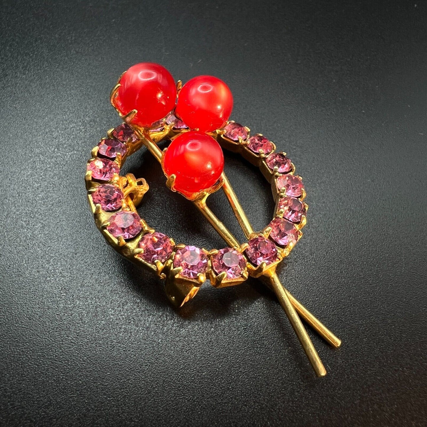 Vintage Red Balls & Sparkling Pink Rhinestones Gold-Toned Circular Brooch Pin