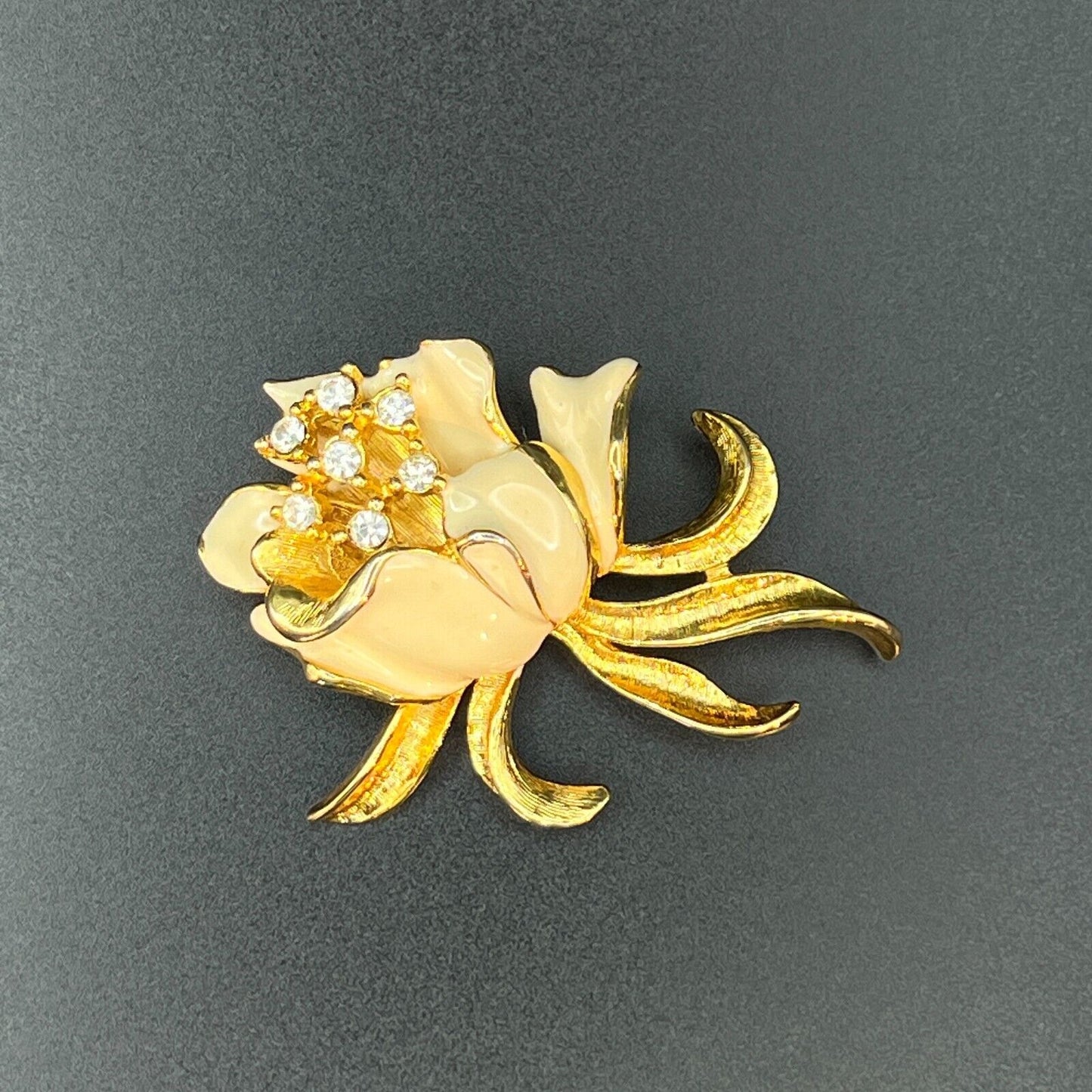 Vintage Dimensional Gold-Toned & Enameling Flower with Clear Crystals Brooch Pin