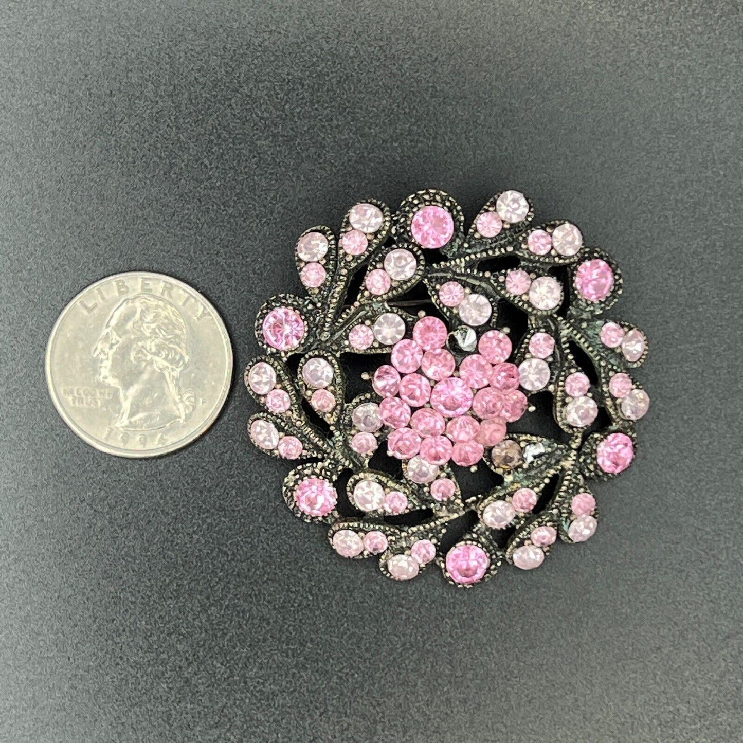 Vintage Delightful Grey-Toned, Pink & Light Pink Rhinestones Flower Brooch Pin