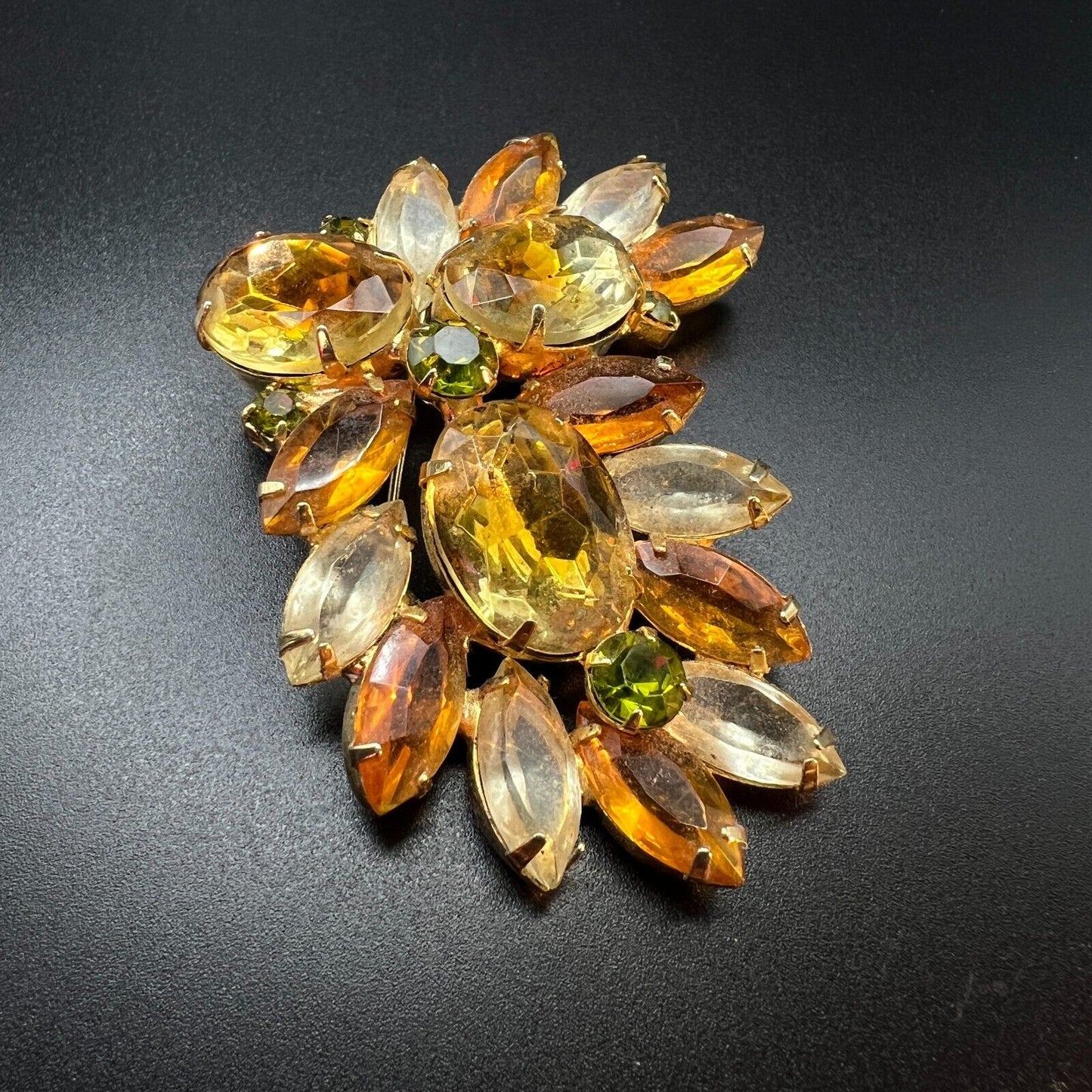 Vintage Gold-Toned Multi Faceted Clear Topaz, Green & Gold Rhinestone Brooch Pin