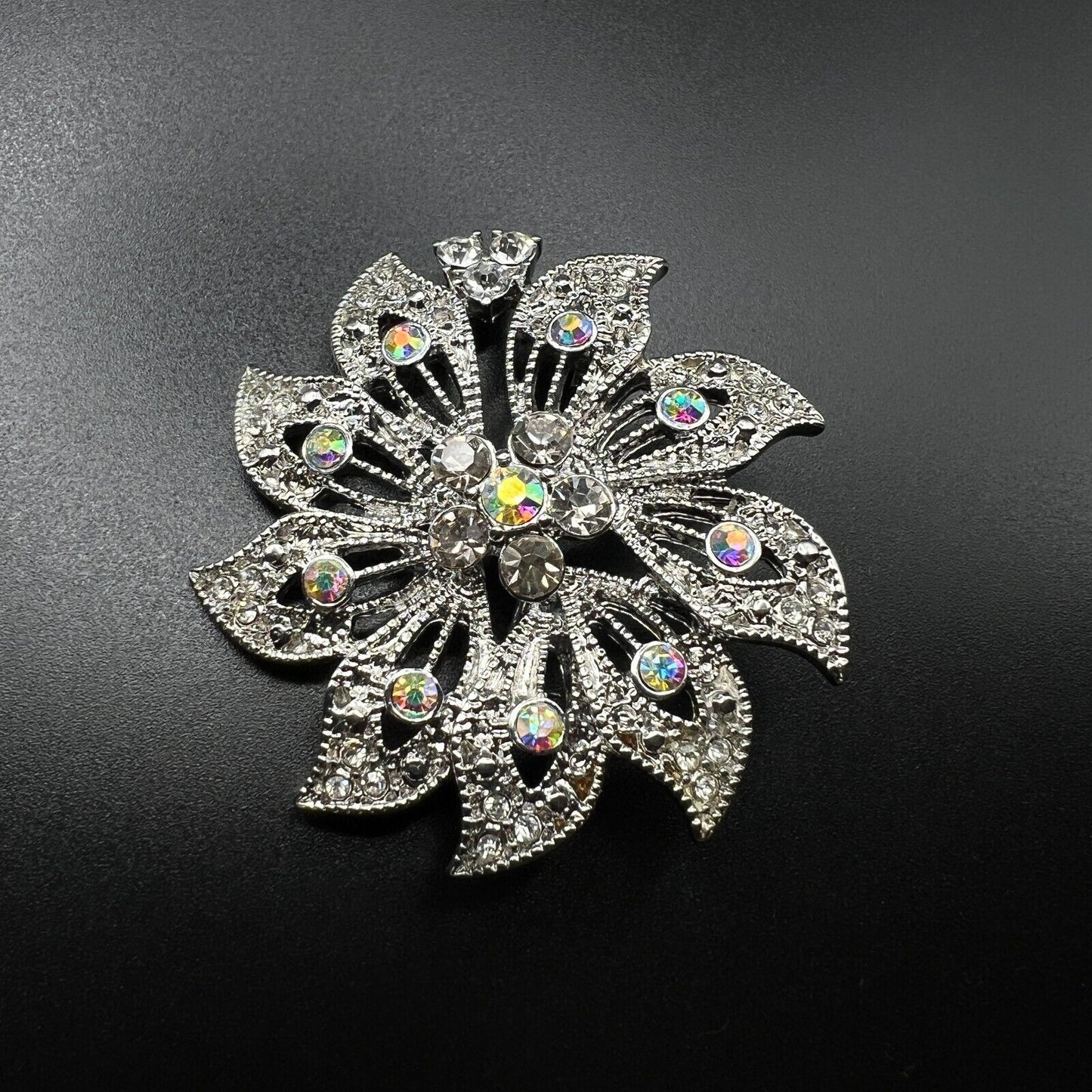 Vintage Sparkling Aurora Borealis Rhinestones Silver-Toned Ridged Brooch Pin